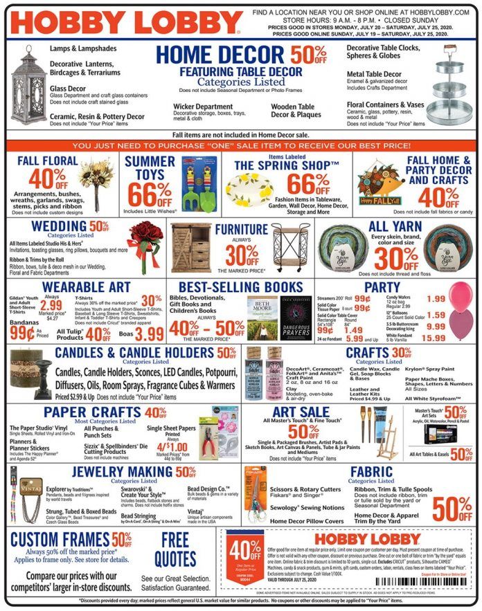 Hobby Lobby Weekly Ad July 19– July 25, 2020