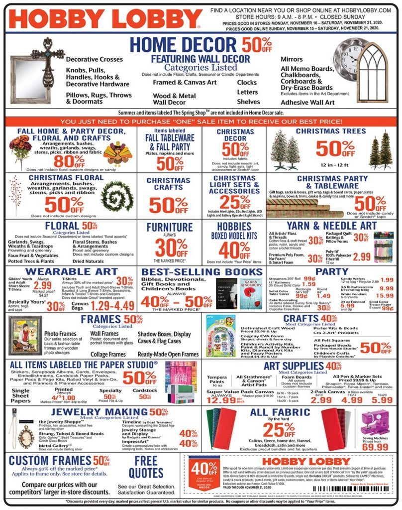 Hobby Lobby Weekly Ad Nov 15 Nov 21, 2020