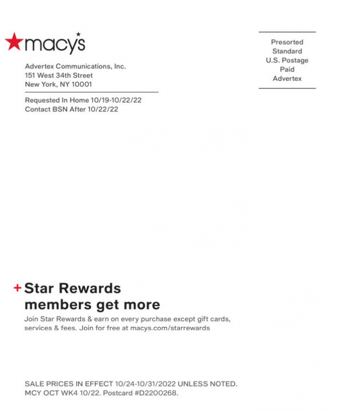 Macy's Friends & Family Postcard Oct 24 Oct 31, 2022